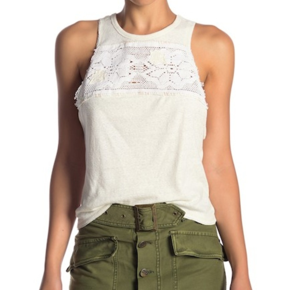 Free People Window Crochet Tank Top Crew Neck Sleeveless Ivory Size Medium NEW